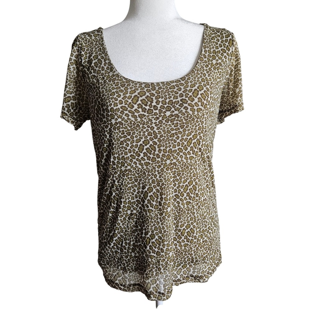 Liz Claiborne Top Womens XL Leopard Print Sheer‎ Mesh Y2K Fitted Scoop Neck 90s